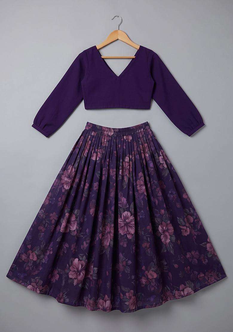 Girls Purple Floral Printed Organza Lehenga Set - Indya