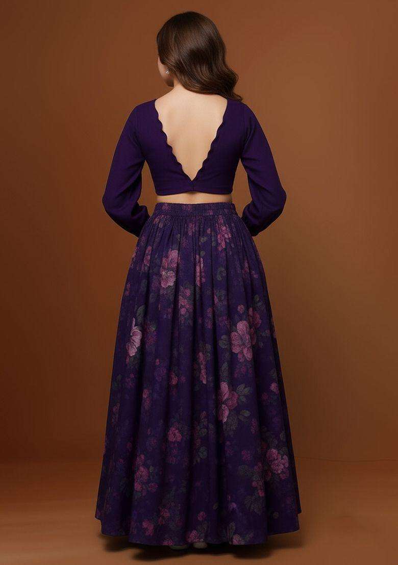 Girls Purple Floral Printed Organza Lehenga Set - Indya