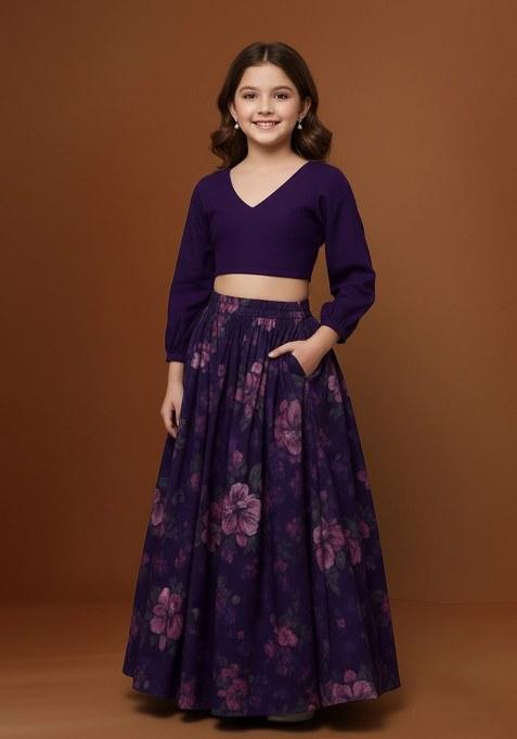 Girls Purple Floral Printed Organza Lehenga Set