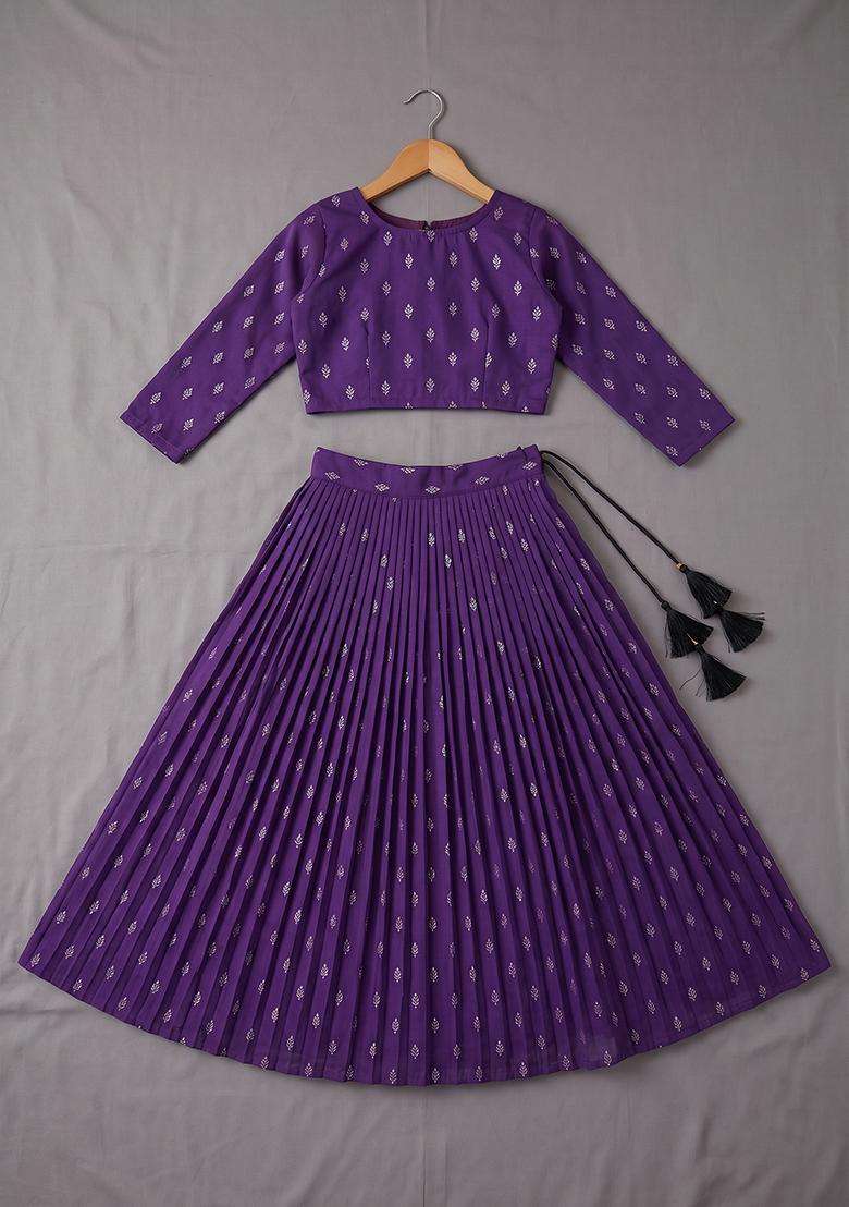 Girls Purple Embroidered Georgette Lehenga Set - Indya