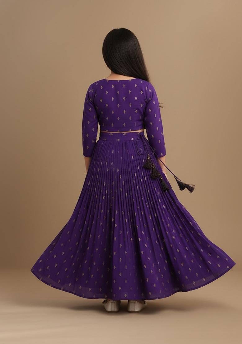 Girls Purple Embroidered Georgette Lehenga Set - Indya