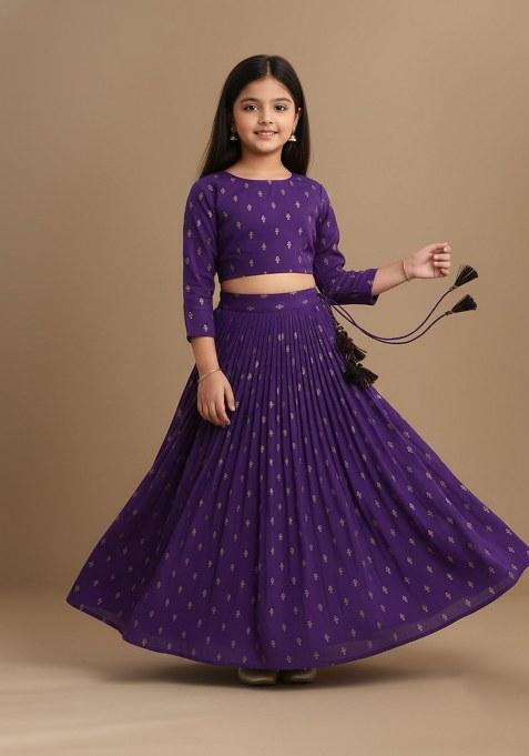 Girls Purple Embroidered Georgette Lehenga Set