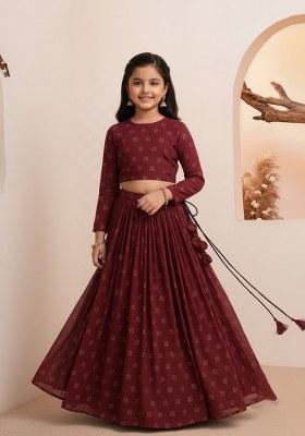 Girls Maroon Embroidered Georgette Lehenga Set