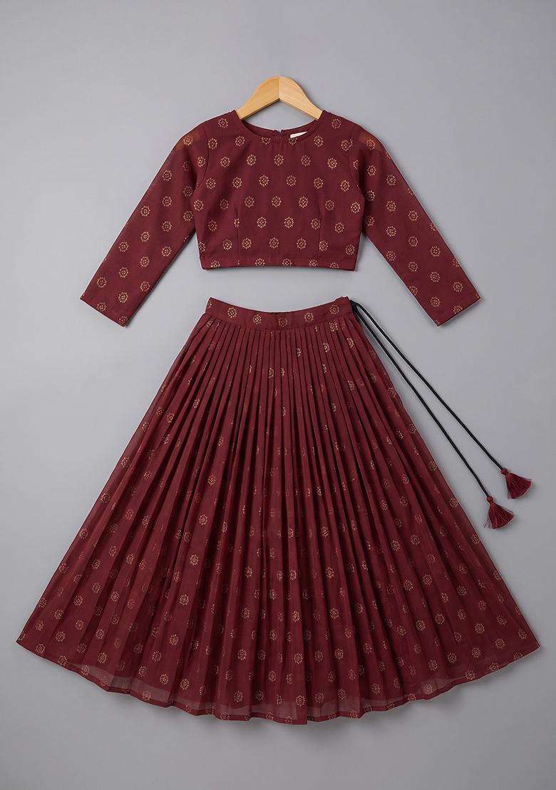Girls Maroon Embroidered Georgette Lehenga Set - Indya