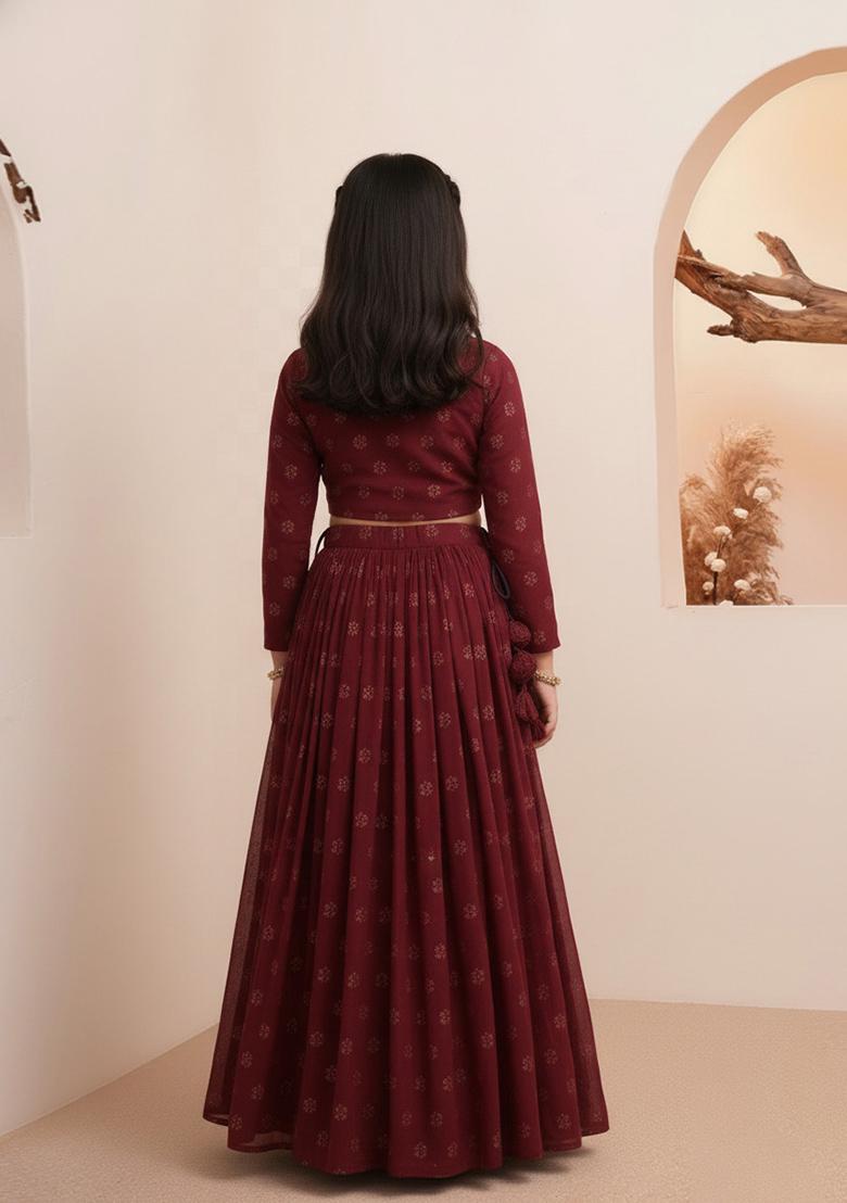 Girls Maroon Embroidered Georgette Lehenga Set - Indya