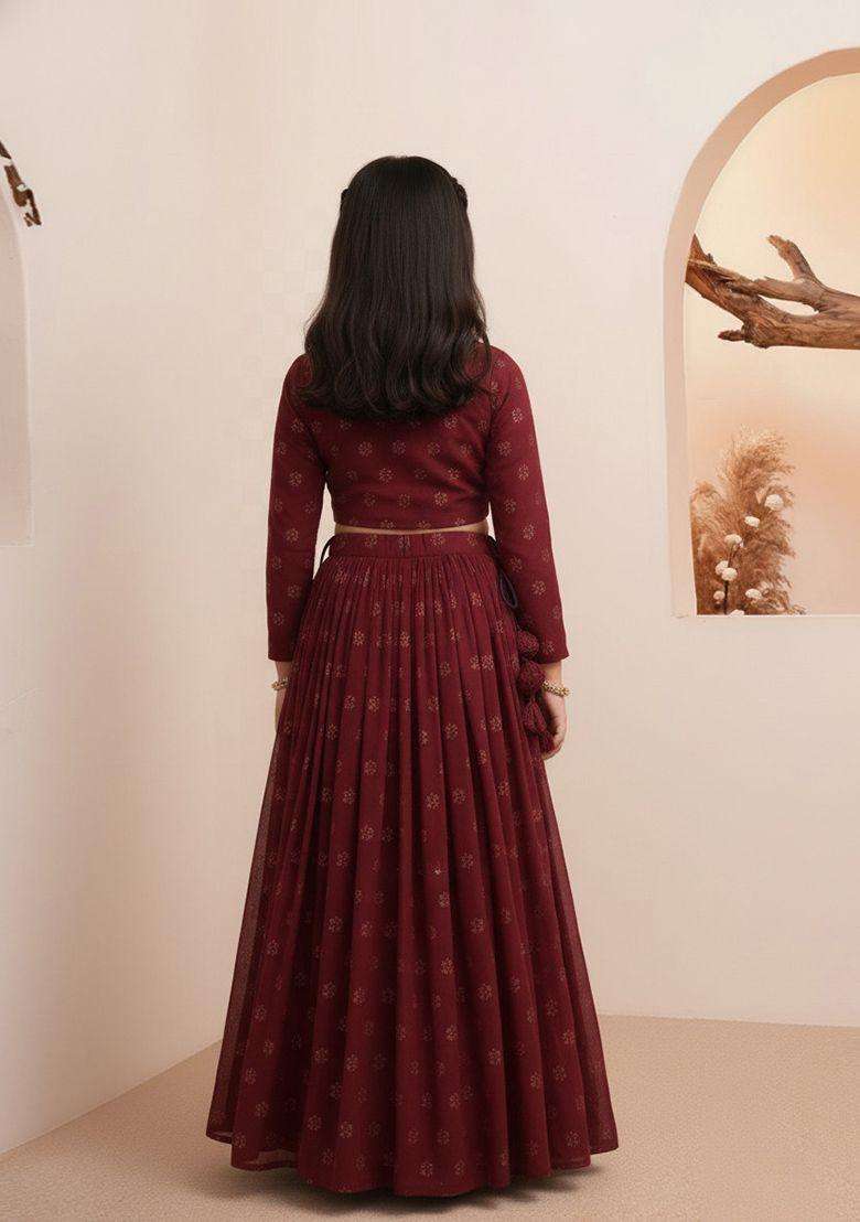 Girls Maroon Embroidered Georgette Lehenga Set - Indya
