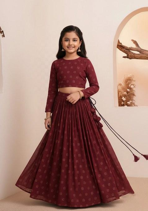 Girls Maroon Embroidered Georgette Lehenga Set