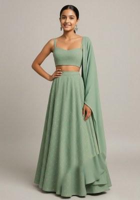 Girls Sage Green Chanderi Embroidered Lehenga Set