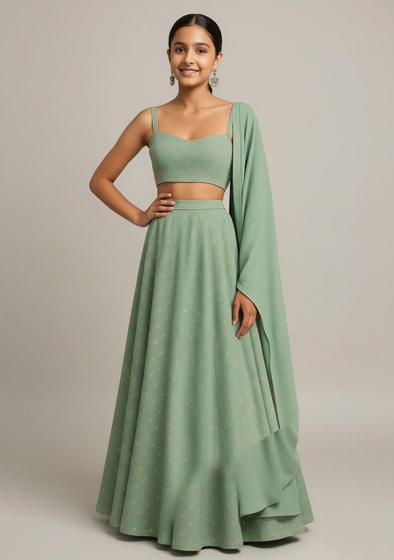 Girls Sage Green Chanderi Embroidered Lehenga Set
