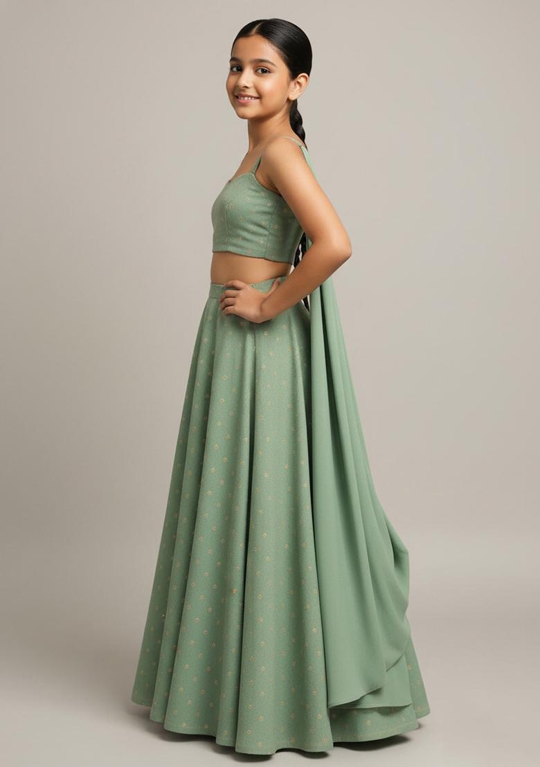Girls Sage Green Chanderi Embroidered Lehenga Set