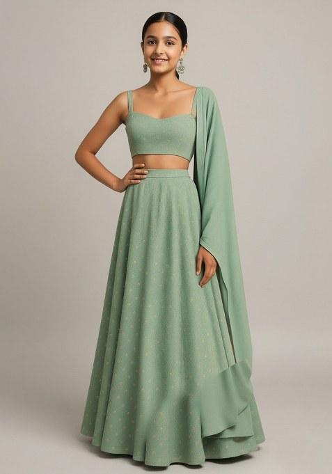 Girls Sage Green Chanderi Embroidered Lehenga Set