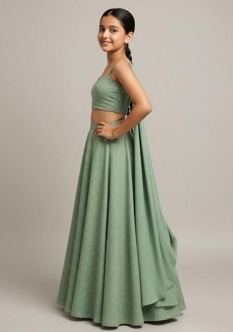 Girls Sage Green Chanderi Embroidered Lehenga Set