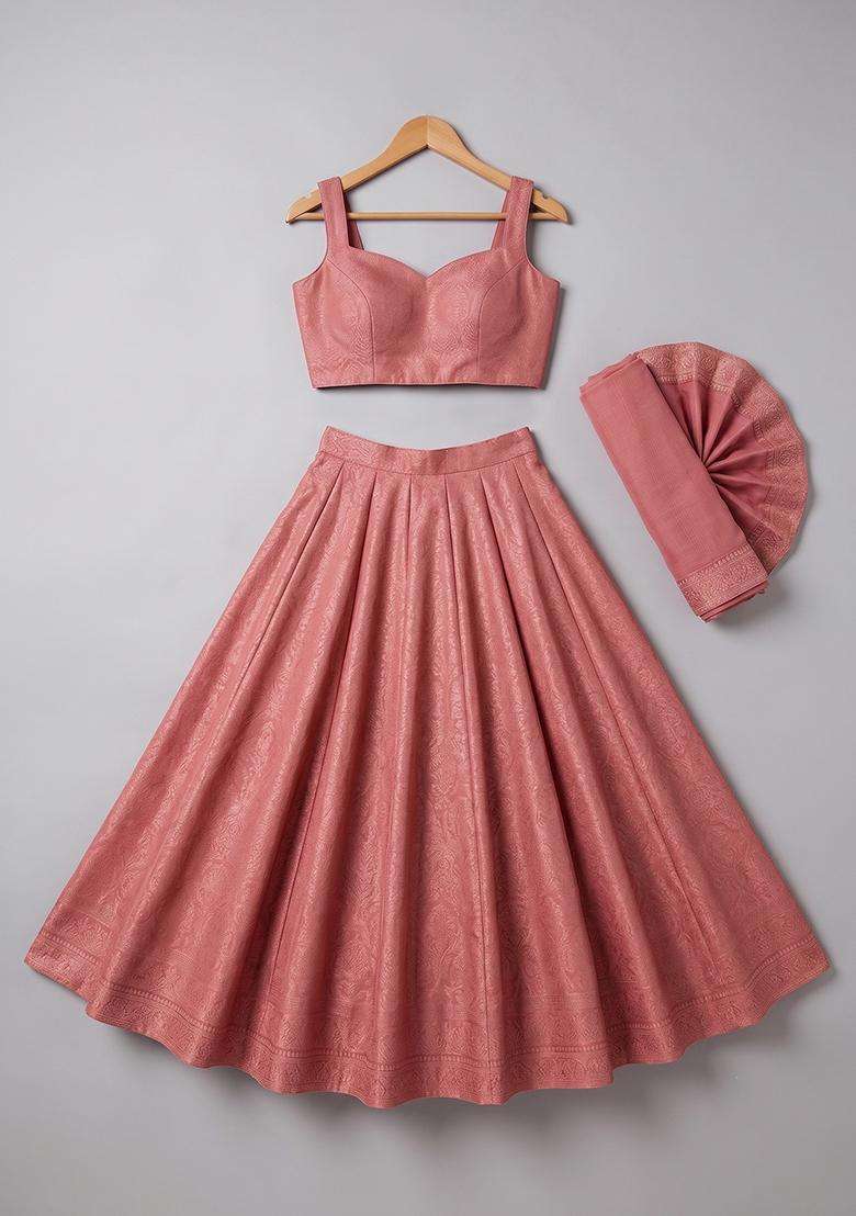 Girls Pink Viscose Textured Lehenga Set - Indya