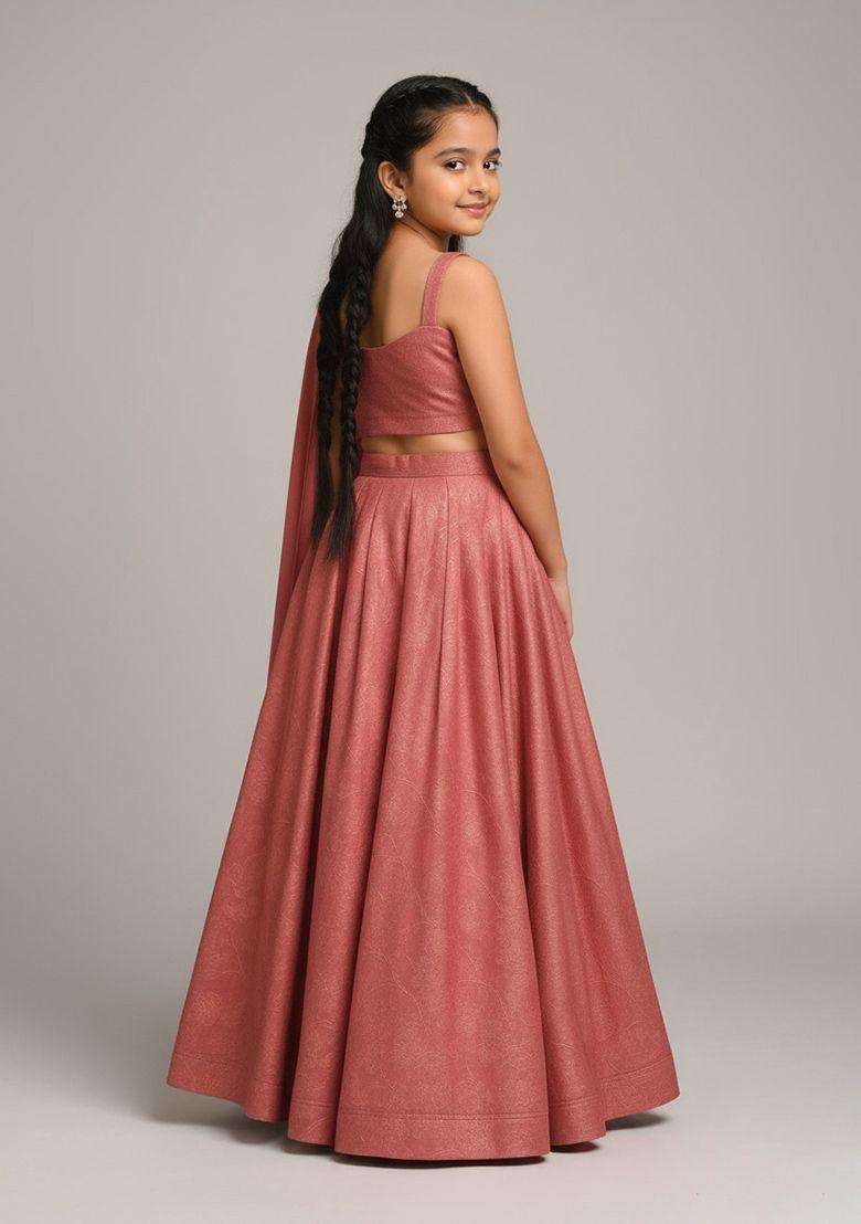 Girls Pink Viscose Textured Lehenga Set - Indya