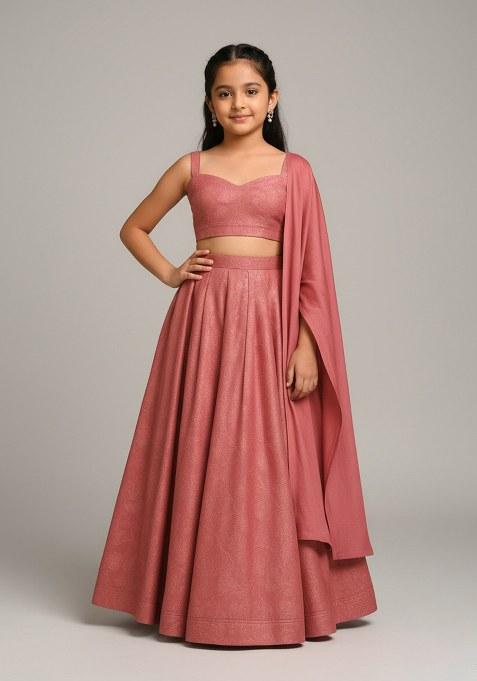 Girls Pink Viscose Textured Lehenga Set