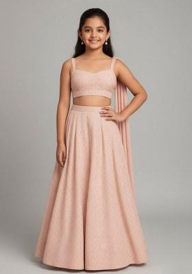 Girls Beige Silk Embroidered Lehenga Set