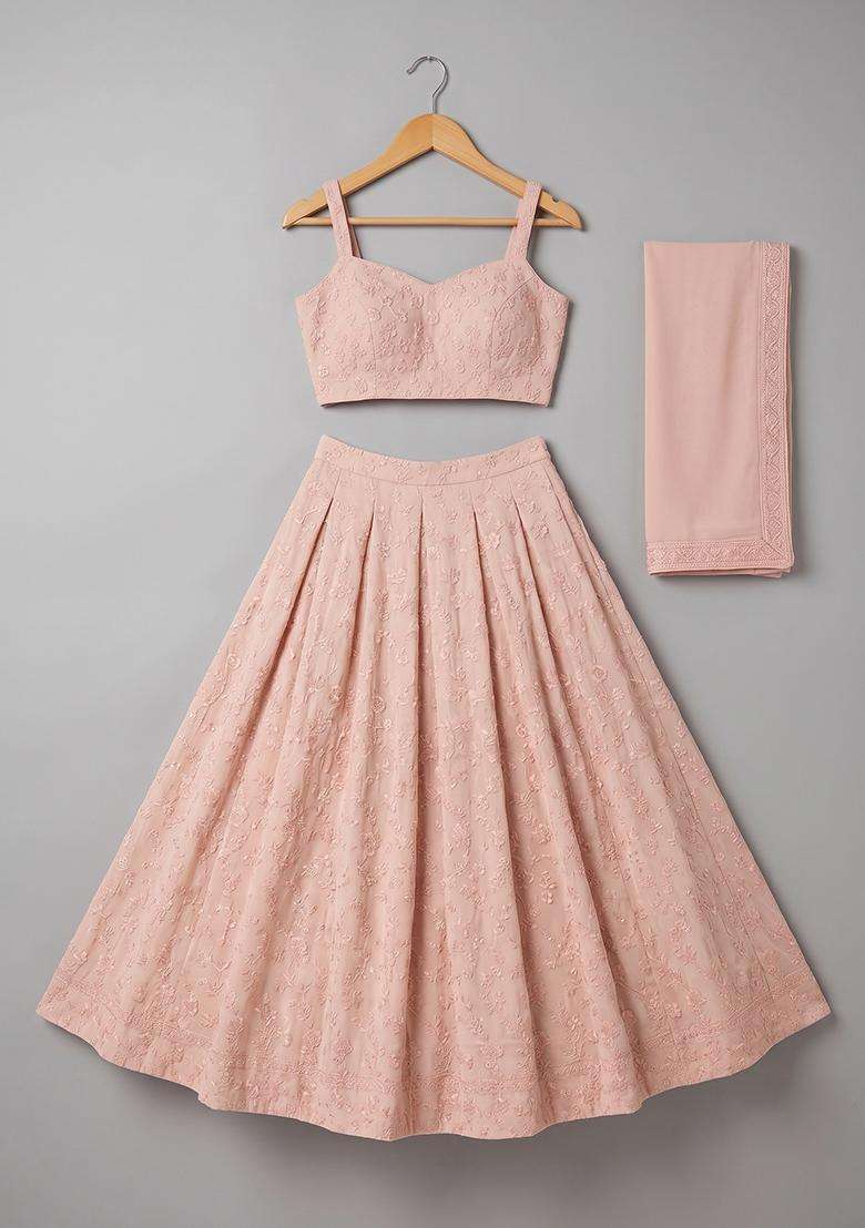 Girls Beige Silk Embroidered Lehenga Set - Indya