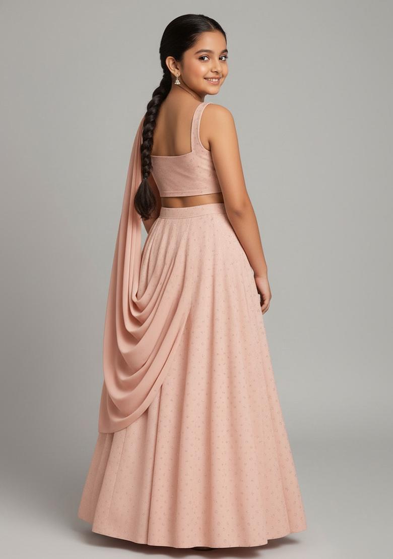 Girls Beige Silk Embroidered Lehenga Set - Indya