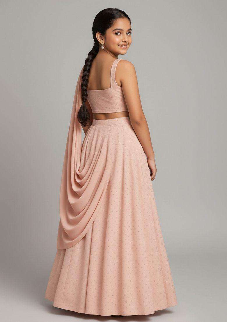 Girls Beige Silk Embroidered Lehenga Set - Indya