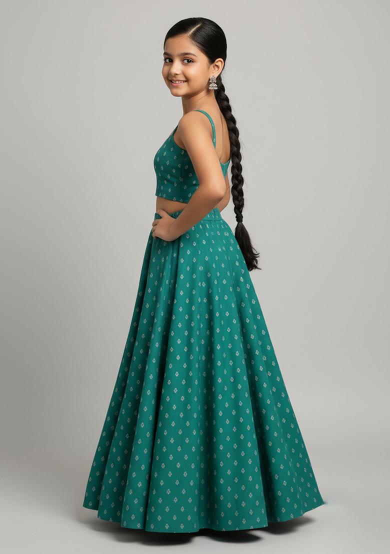 Girls Green Silk Embroidered Lehenga Set - Indya