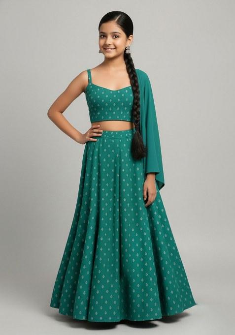 Girls Green Silk Embroidered Lehenga Set
