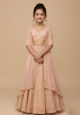 Girls Peach Embroidered Chinon Lehenga Set