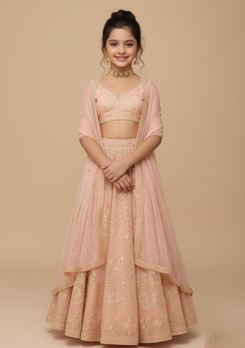 Girls Peach Embroidered Chinon Lehenga Set - Indya