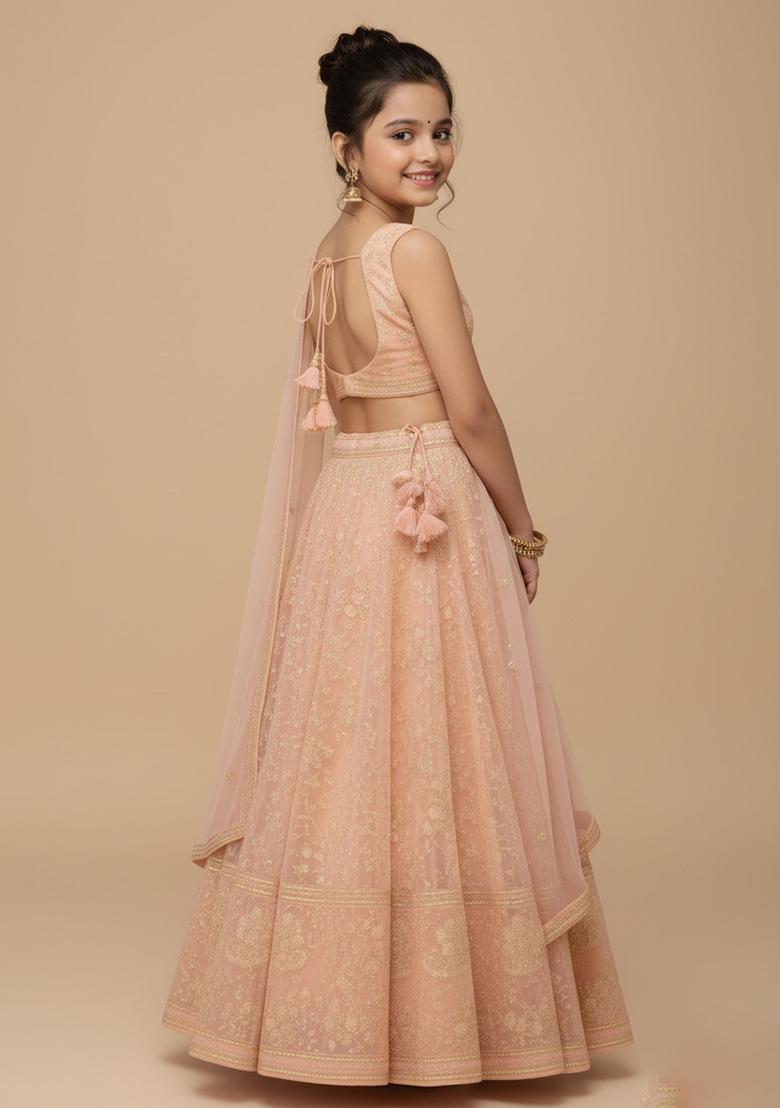 Girls Peach Embroidered Chinon Lehenga Set - Indya
