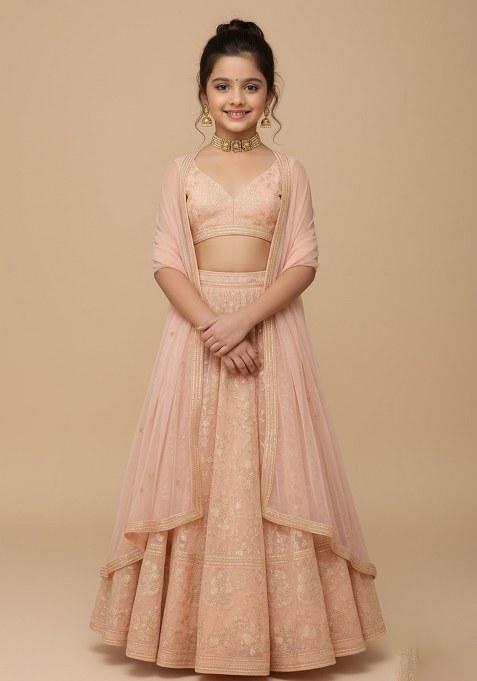 Girls Peach Embroidered Chinon Lehenga Set