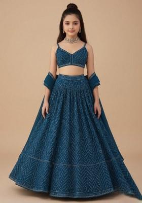 Girls Blue Embroidered Chinon Lehenga Set