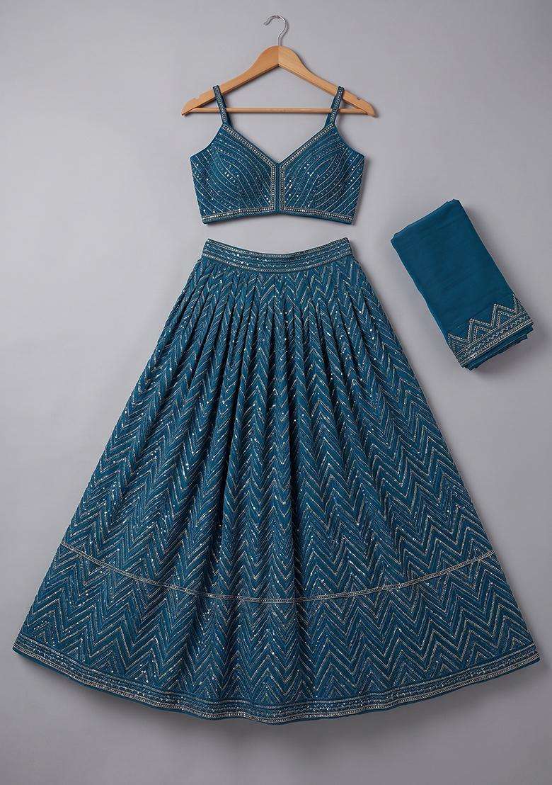 Girls Blue Embroidered Chinon Lehenga Set - Indya