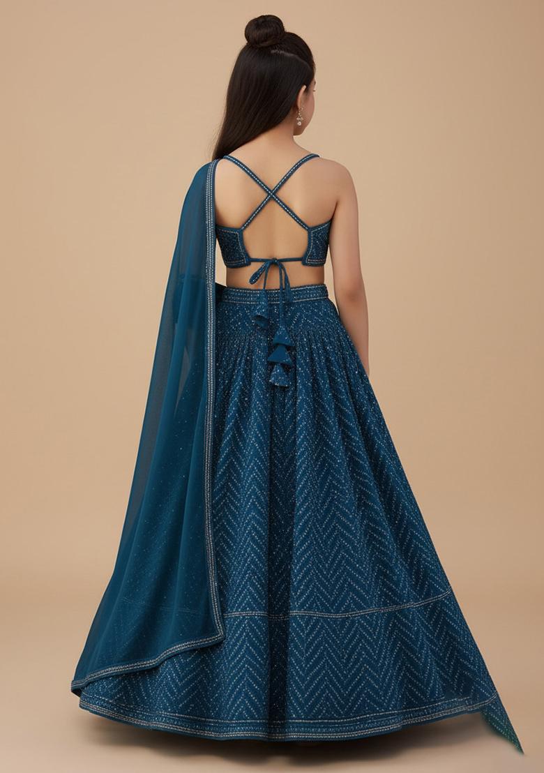 Girls Blue Embroidered Chinon Lehenga Set - Indya