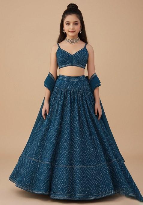 Girls Blue Embroidered Chinon Lehenga Set