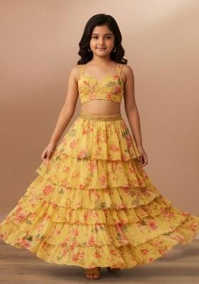 Girls Yellow Floral Printed Chiffon Lehenga Set