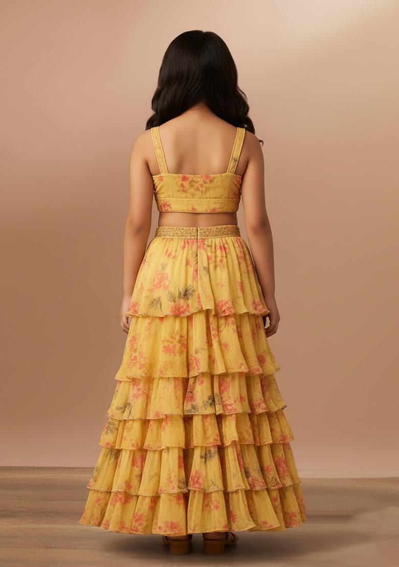Girls Yellow Floral Printed Chiffon Lehenga Set