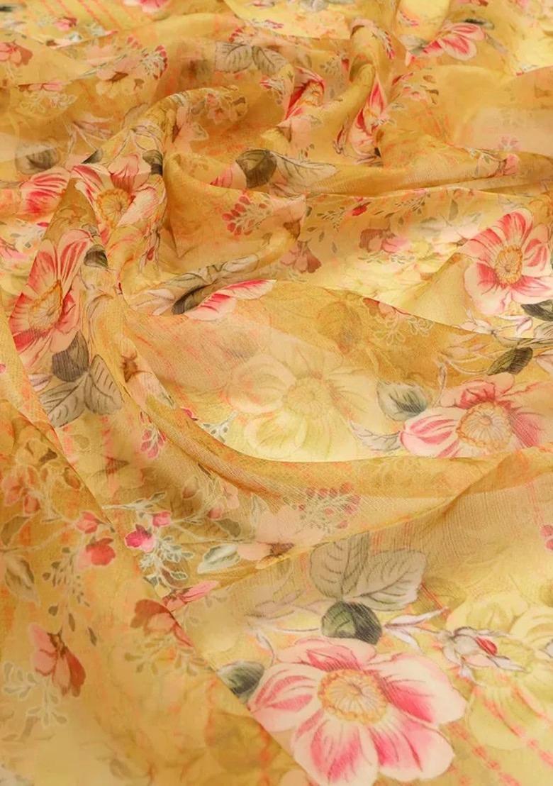 Girls Yellow Floral Printed Chiffon Lehenga Set