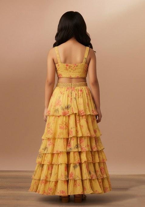 Girls Yellow Floral Printed Chiffon Lehenga Set