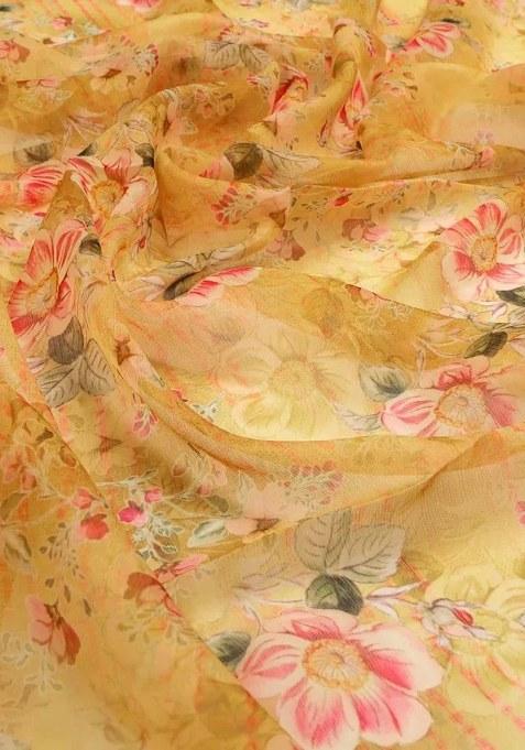 Girls Yellow Floral Printed Chiffon Lehenga Set