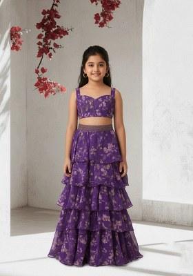 Girls Purple Floral Printed Chiffon Lehenga Set