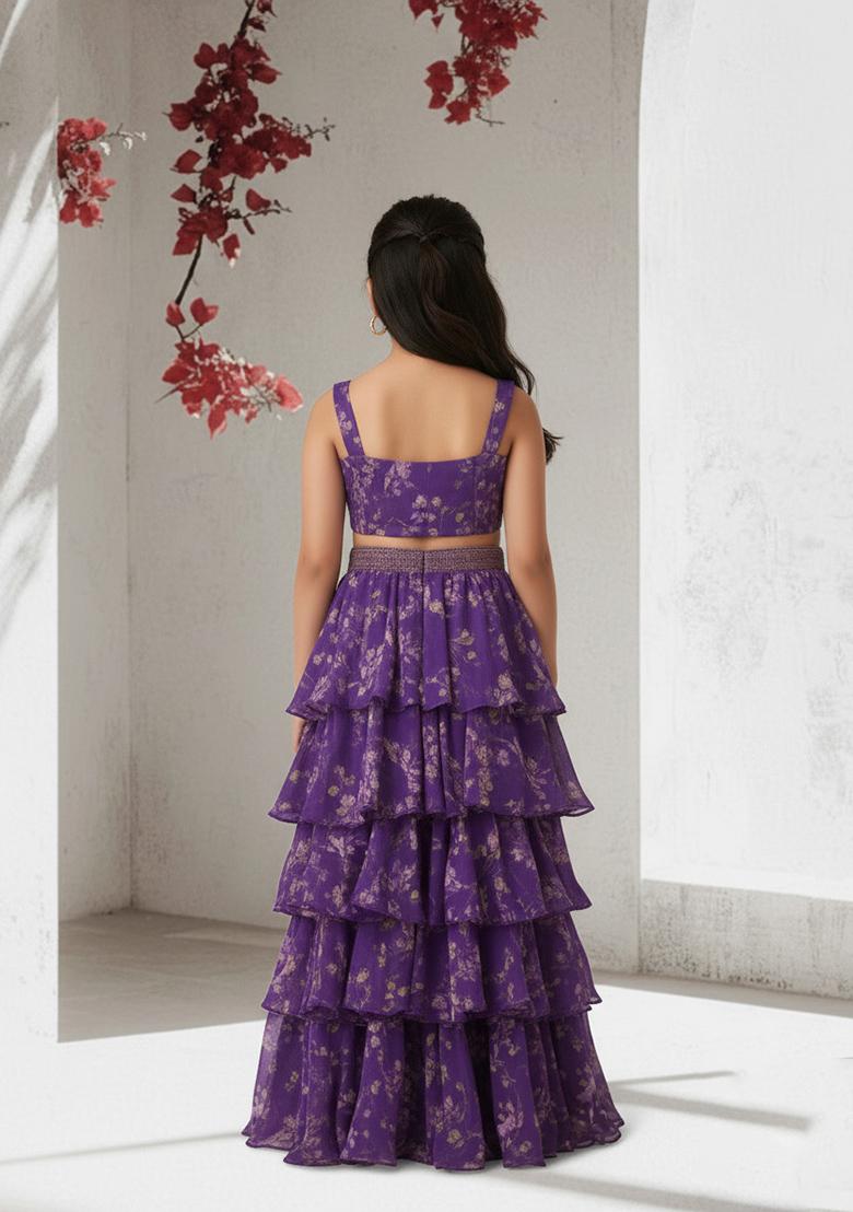 Girls Purple Floral Printed Chiffon Lehenga Set - Indya