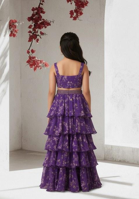 Girls Purple Floral Printed Chiffon Lehenga Set