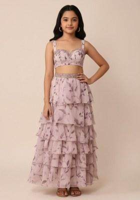 Girls Pink Leaf Printed Chiffon Lehenga Set