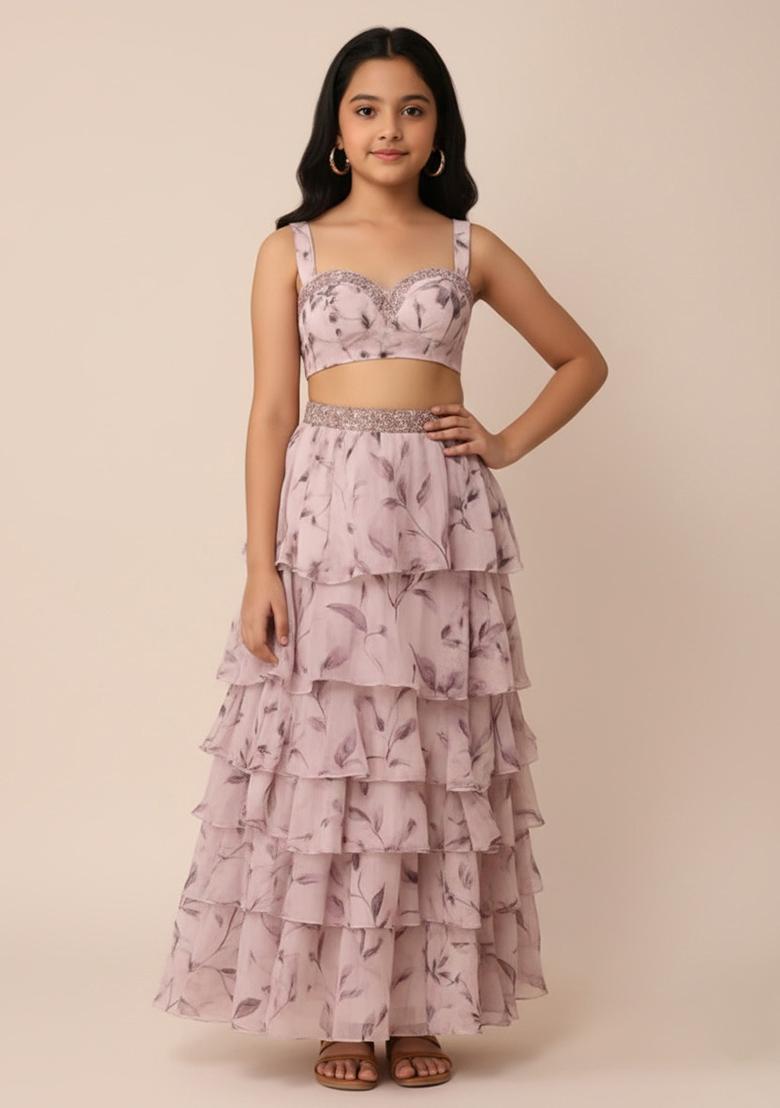 Girls Pink Leaf Printed Chiffon Lehenga Set