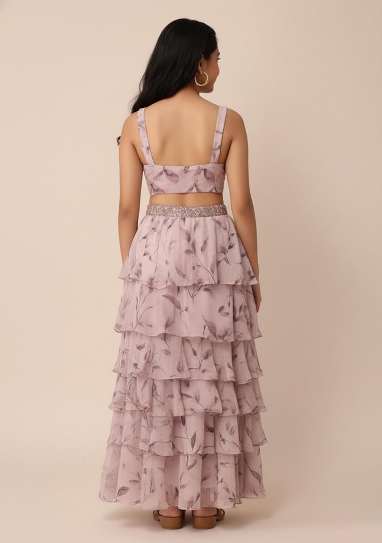 Girls Pink Leaf Printed Chiffon Lehenga Set - Indya