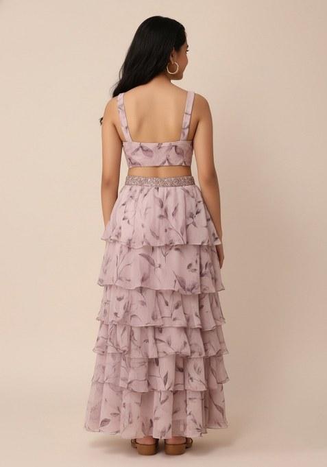 Girls Pink Leaf Printed Chiffon Lehenga Set