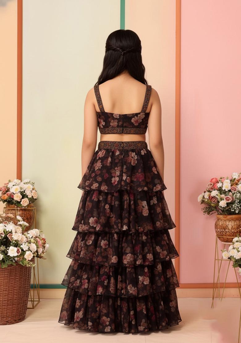 Girls Brown Floral Printed Chiffon Lehenga Set - Indya