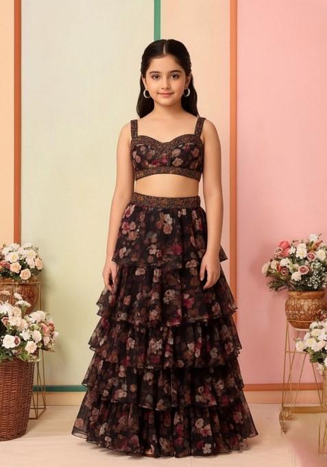 Girls Brown Floral Printed Chiffon Lehenga Set