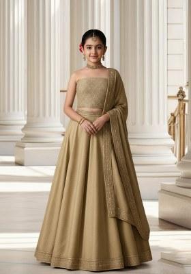 Girls Beige Embroidered Blouse Satin Lehenga Set