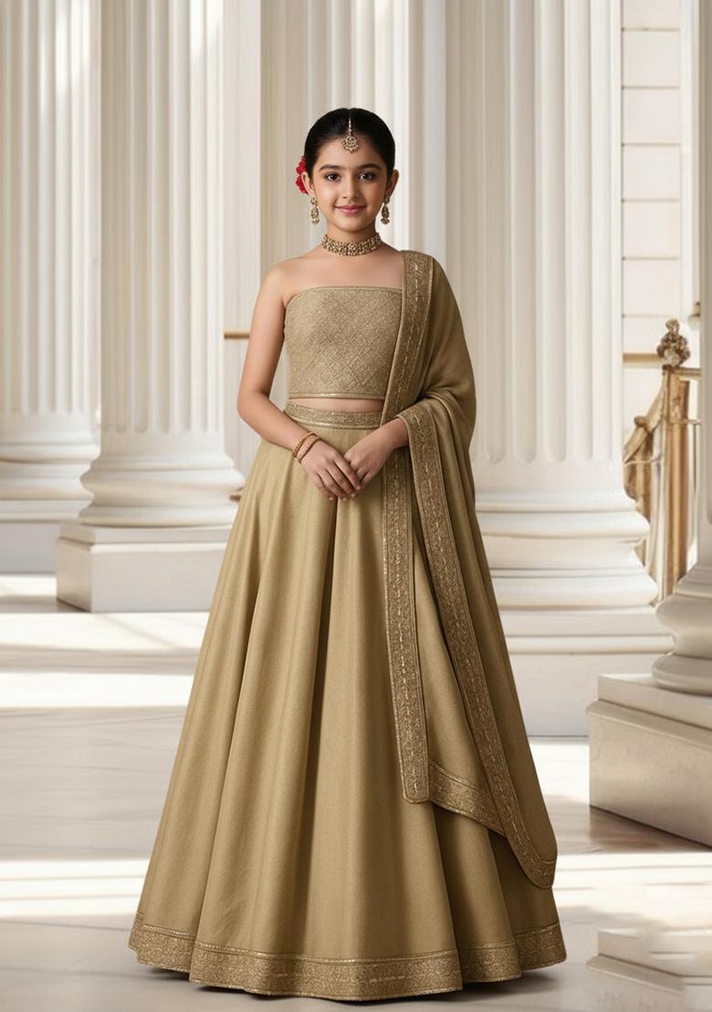 Girls Beige Embroidered Blouse Satin Lehenga Set
