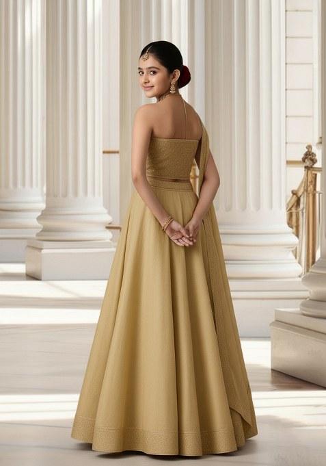 Girls Beige Embroidered Blouse Satin Lehenga Set